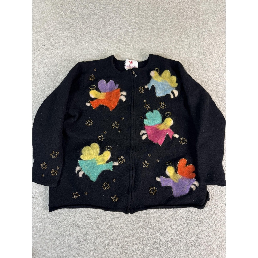 Quacker‎ Factory Cardigan Sweater Womens 1X Black 100% Wool Angel Christmas Zip